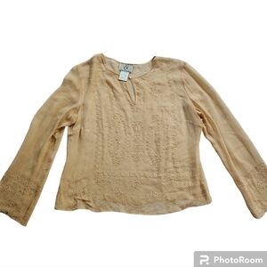 Y2K Ice Brand Tan Silk Embroidered Beaded Sheer Top sz L